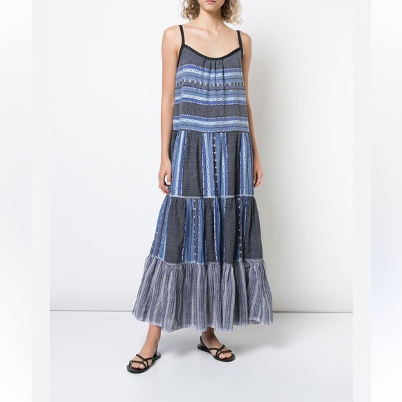 Lemlem Blue Tiered Maxi Dress M Handwoven Gauze Striped Spaghetti Strap Boho - Picture 1 of 10